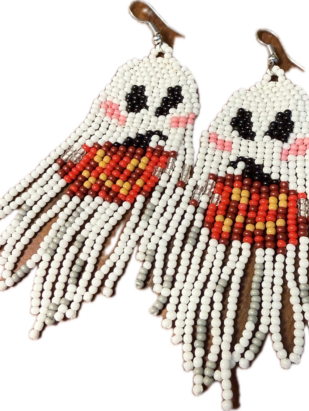 Handmade White Beaded Ghost Fringe Earrings with Red Accent Halloween